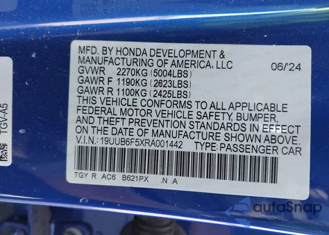 2024 Acura Tlx A-Spec Package из США, поврежденный, VIN 19UUB6F5XRA001442